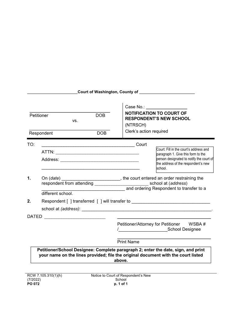 Notification To Court Of Respondent's New School {PO 072} | Pdf Fpdf Doc Docx | Washington