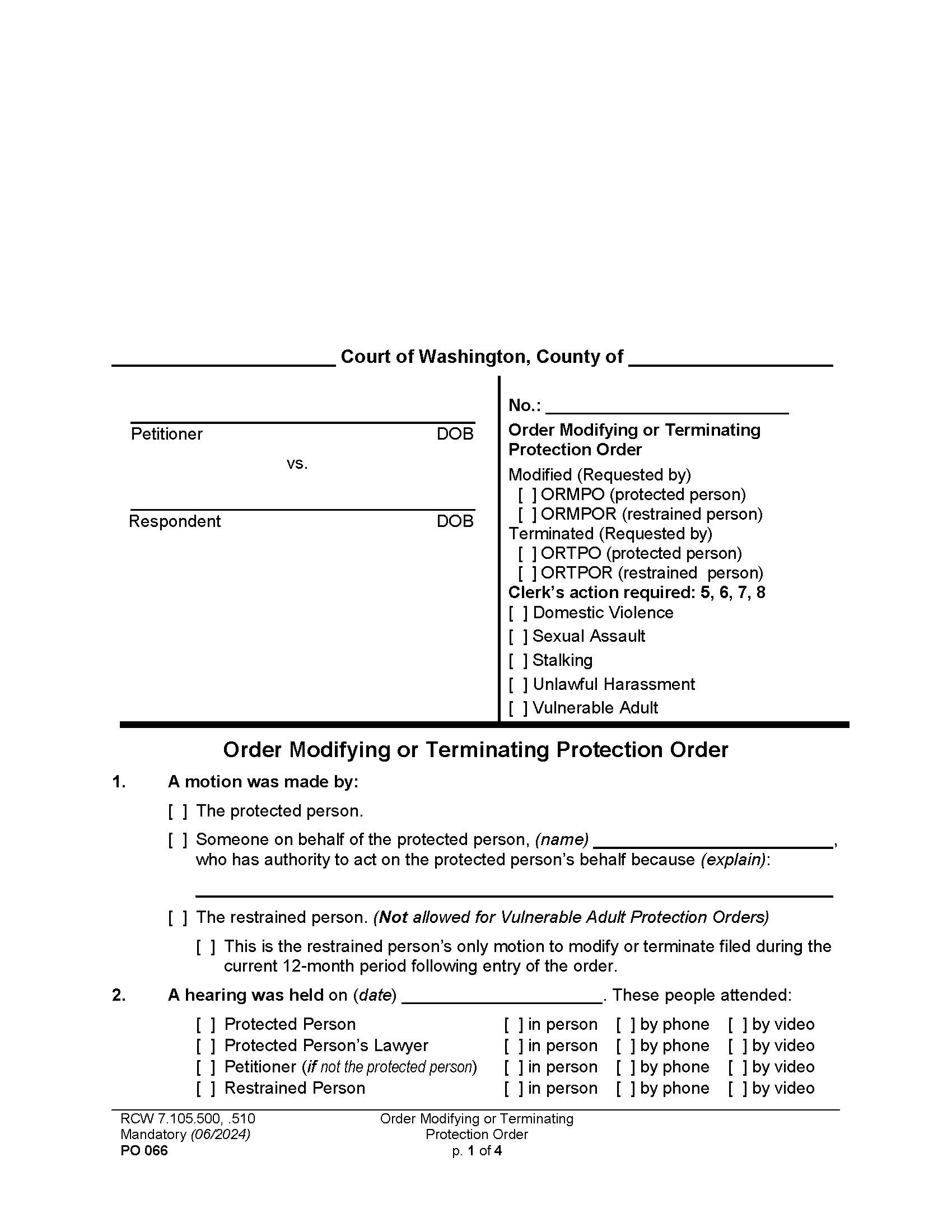 Order Modifying Terminating Order For Protection {PO 066} | Pdf Fpdf Doc Docx | Washington