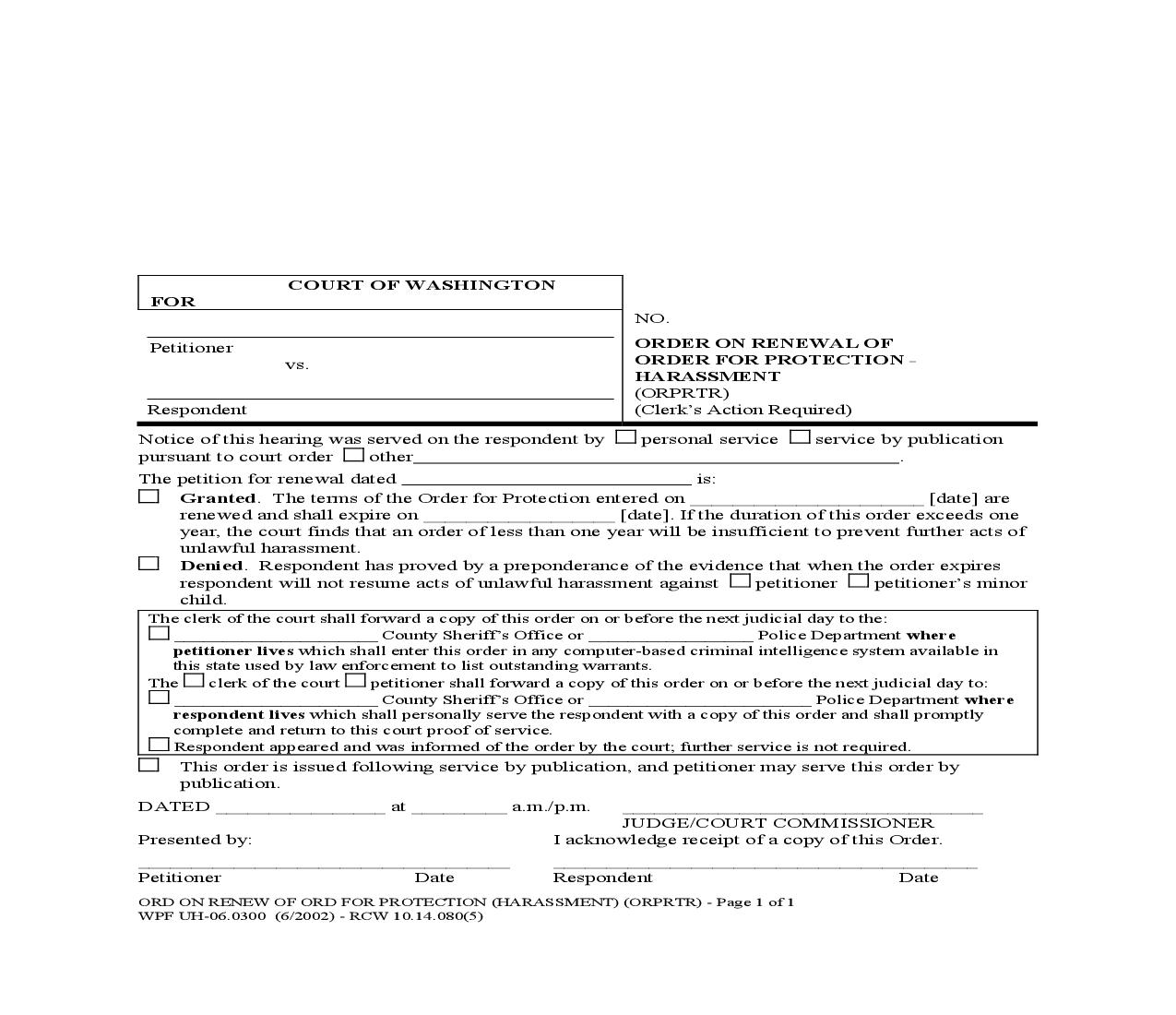 Order On Renewal Of Order For Protection {UH-06.0300} | Pdf Fpdf Doc Docx | Washington