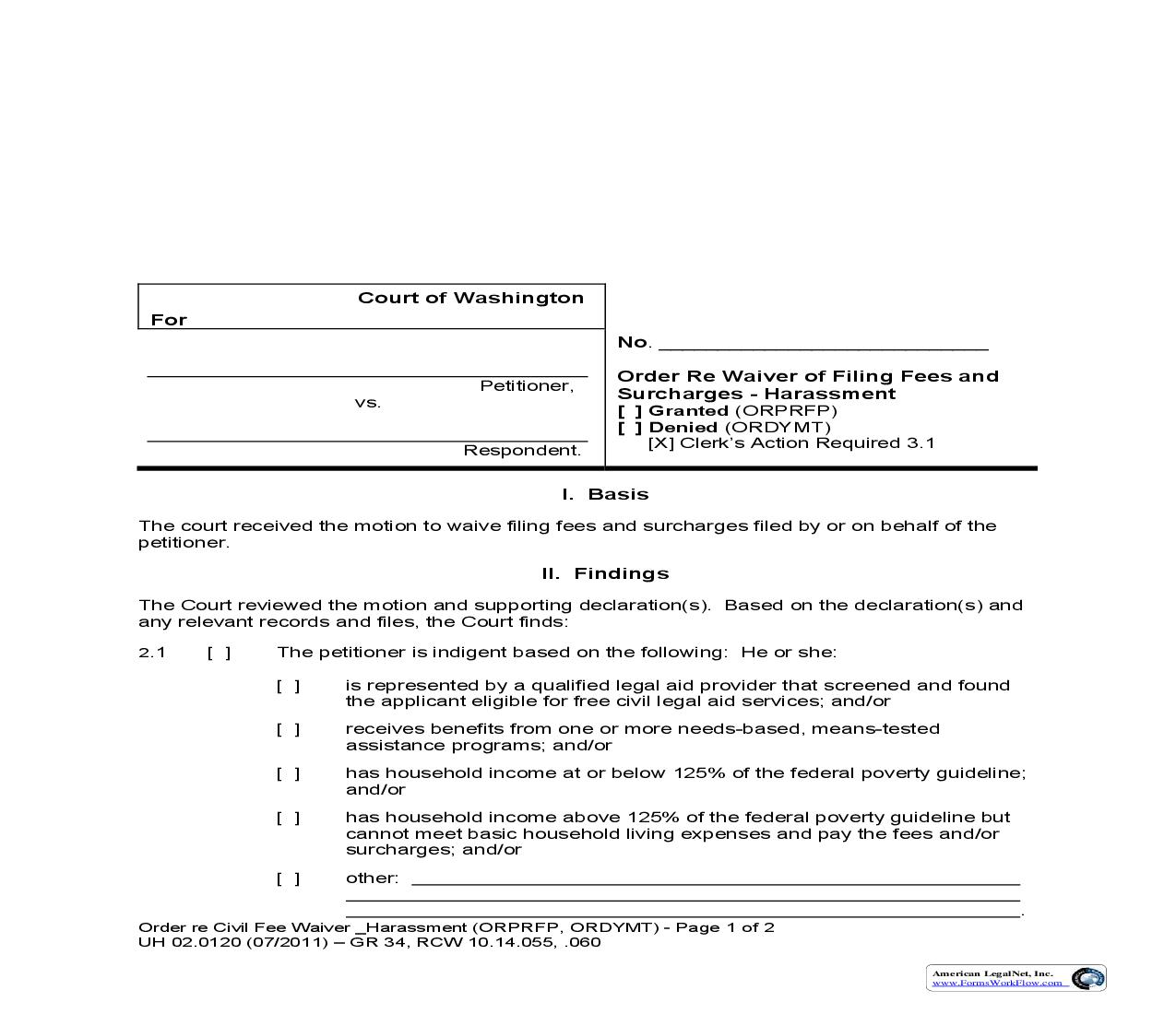 Order Regarding Waiver Of Filing Fees And Surcharges - Harassment {UH-02.0120} | Pdf Fpdf Doc Docx | Washington