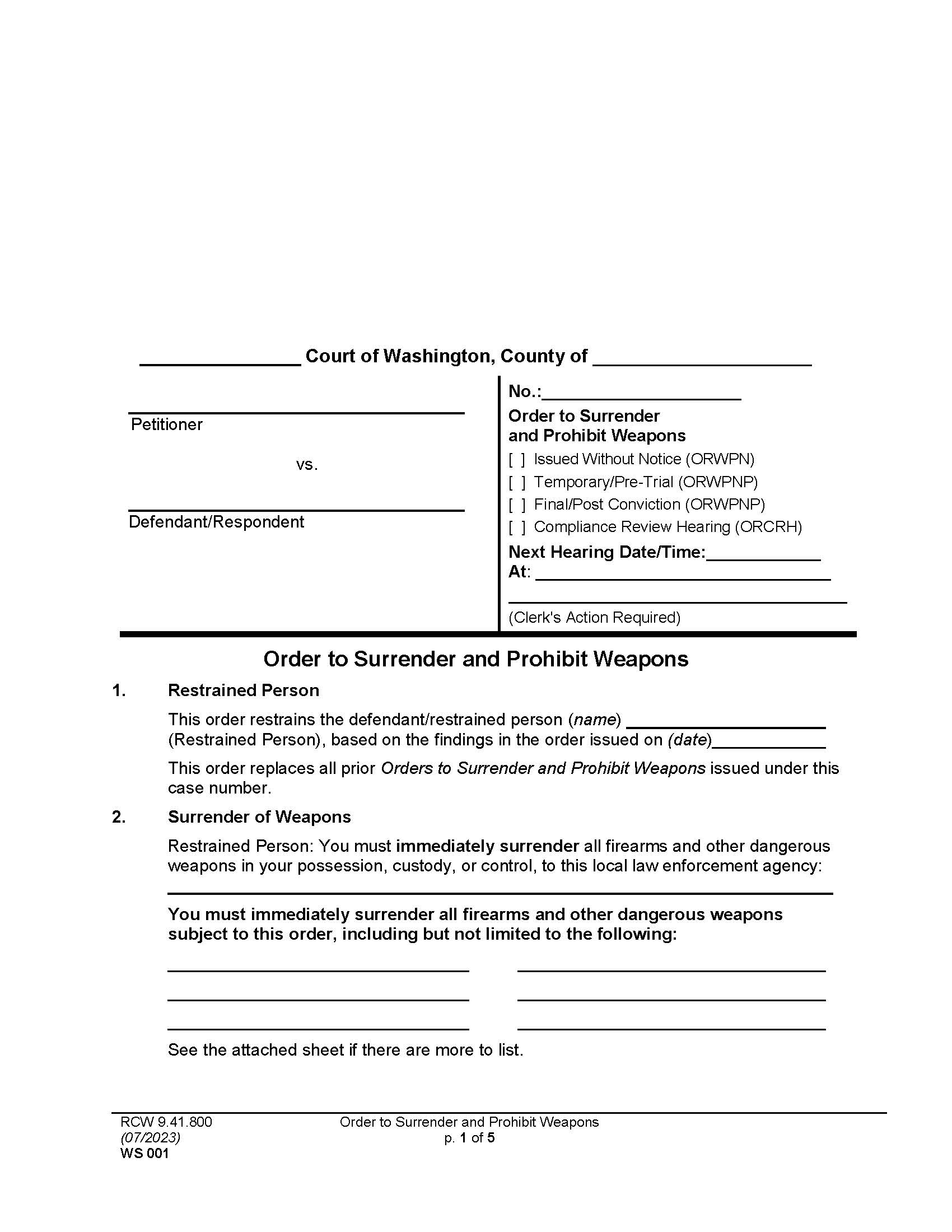 Order To Surrender And Prohibit Weapons {WS 001} | Pdf Fpdf Docx | Washington