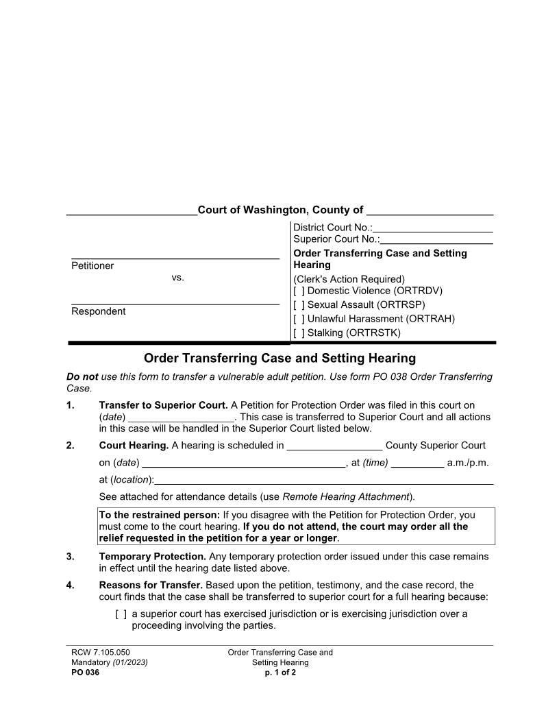 Order Transferring Case and Setting Hearing {PO 036} | Pdf Fpdf Doc Docx | Washington