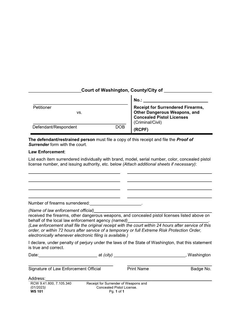Receipt For Surrendered Weapons {WS 101} | Pdf Fpdf Docx | Washington