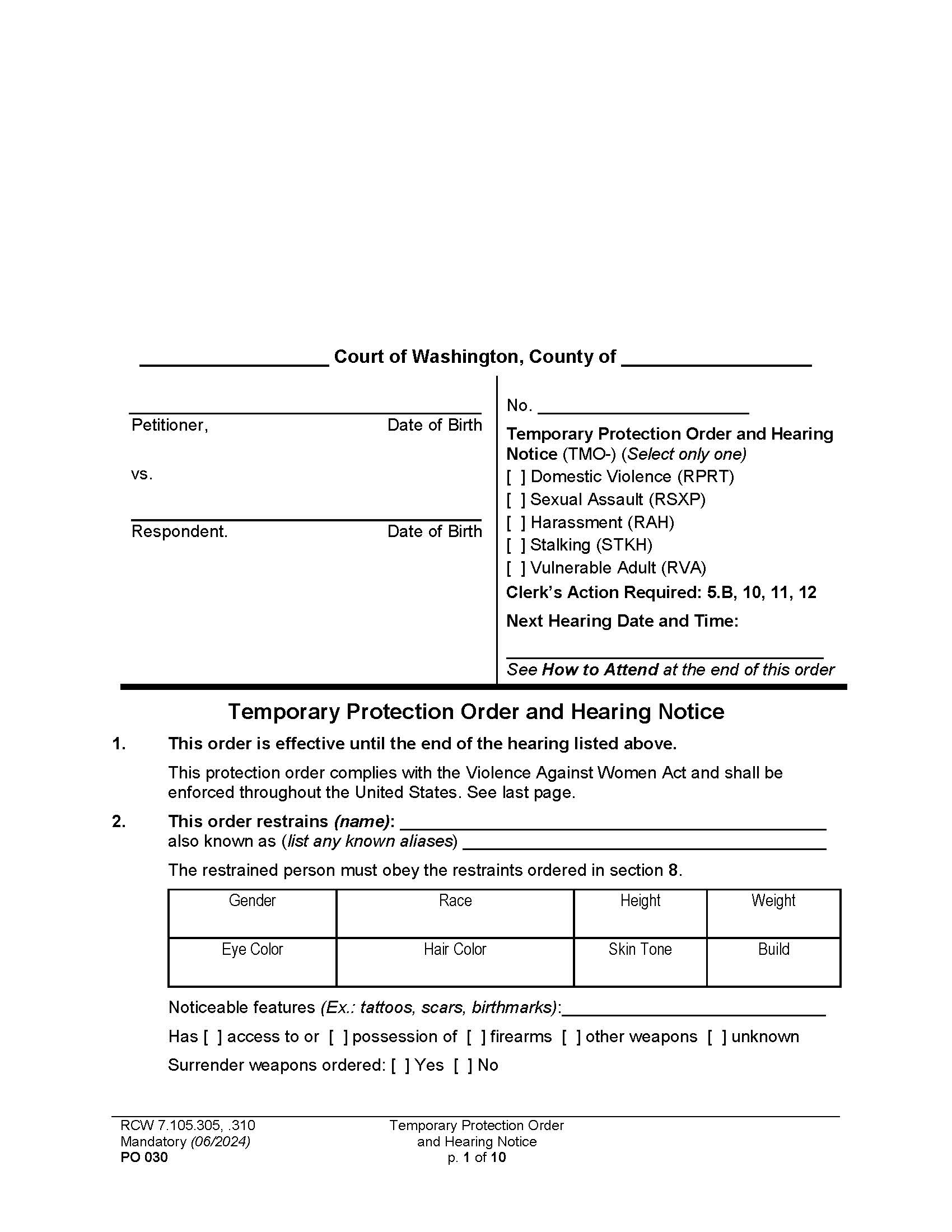 Temporary Protection Order And Hearing Notice {PO 030} | Pdf Fpdf Docx | Washington