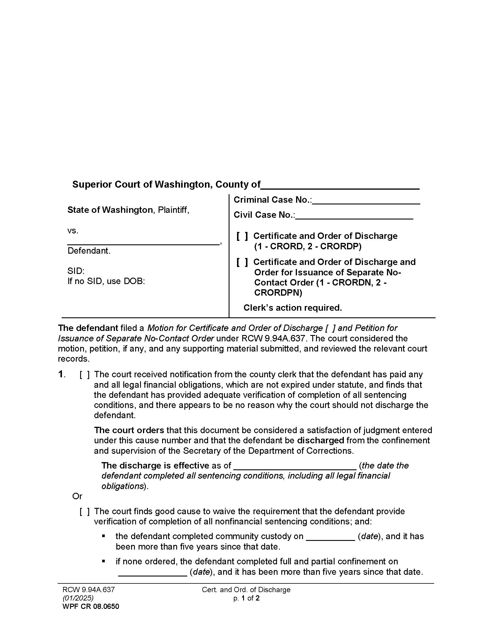 Certificate And Order Of Discharge {CR 08.0650} | Pdf Fpdf Doc Docx | Washington