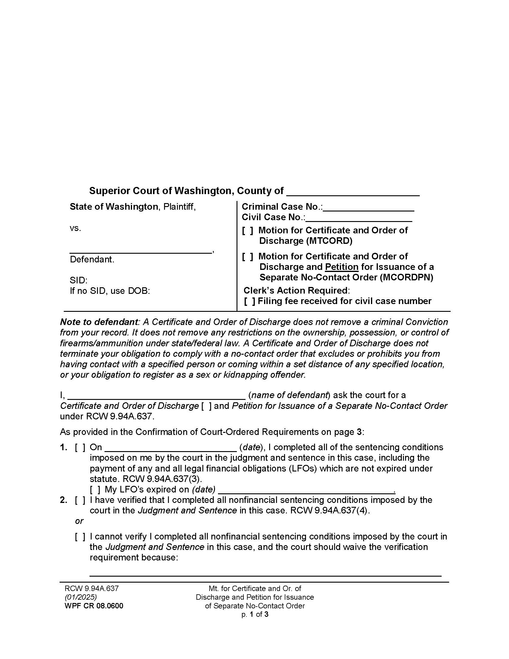 Motion For Certificate And Order Of Discharge {CR 08.0600} | Pdf Fpdf Doc Docx | Washington