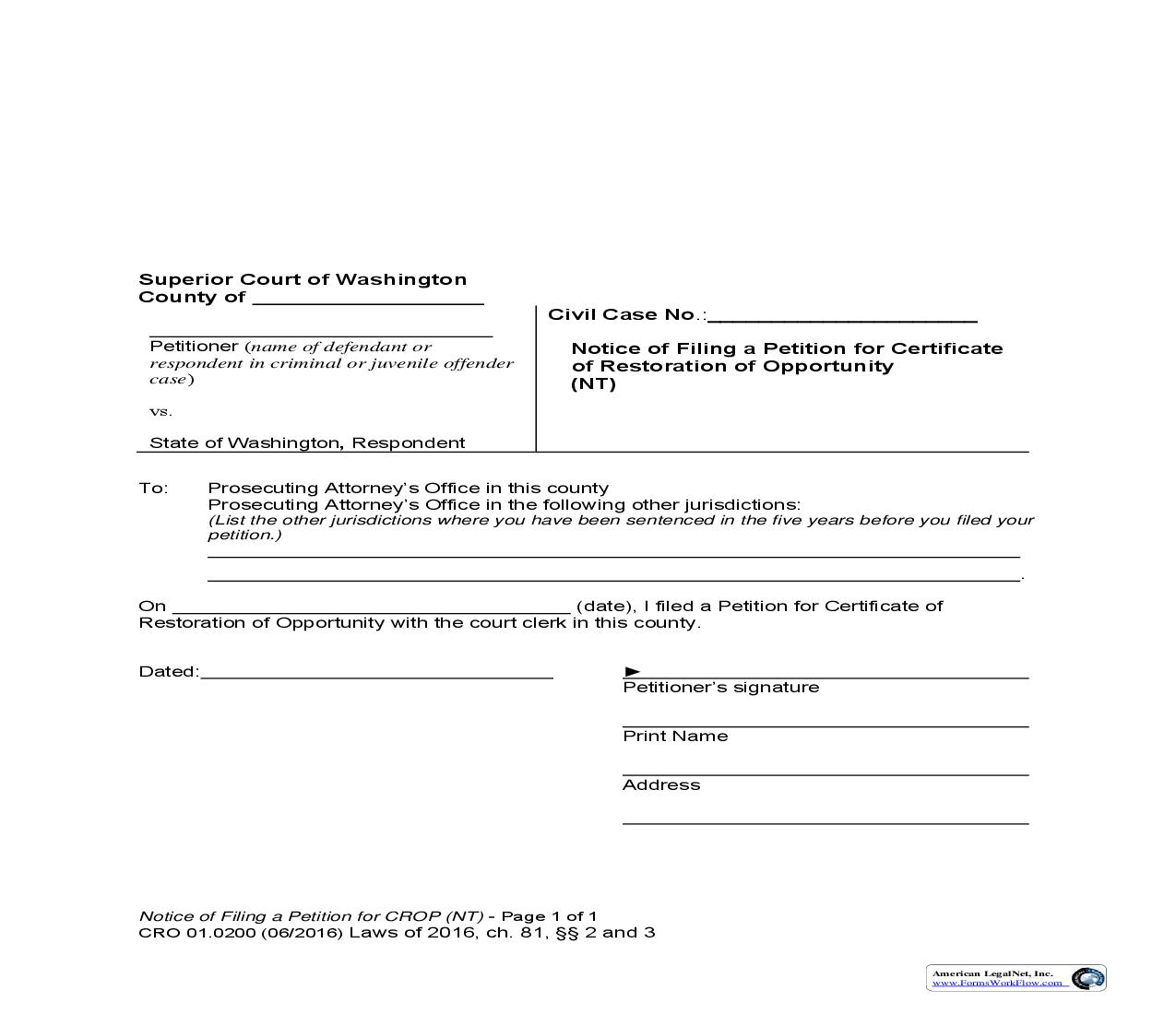 Notice Of Filing A Petitin For Certificate Of Restoration Of Opportunity {CRO 01.0200} |  Docx | Washington