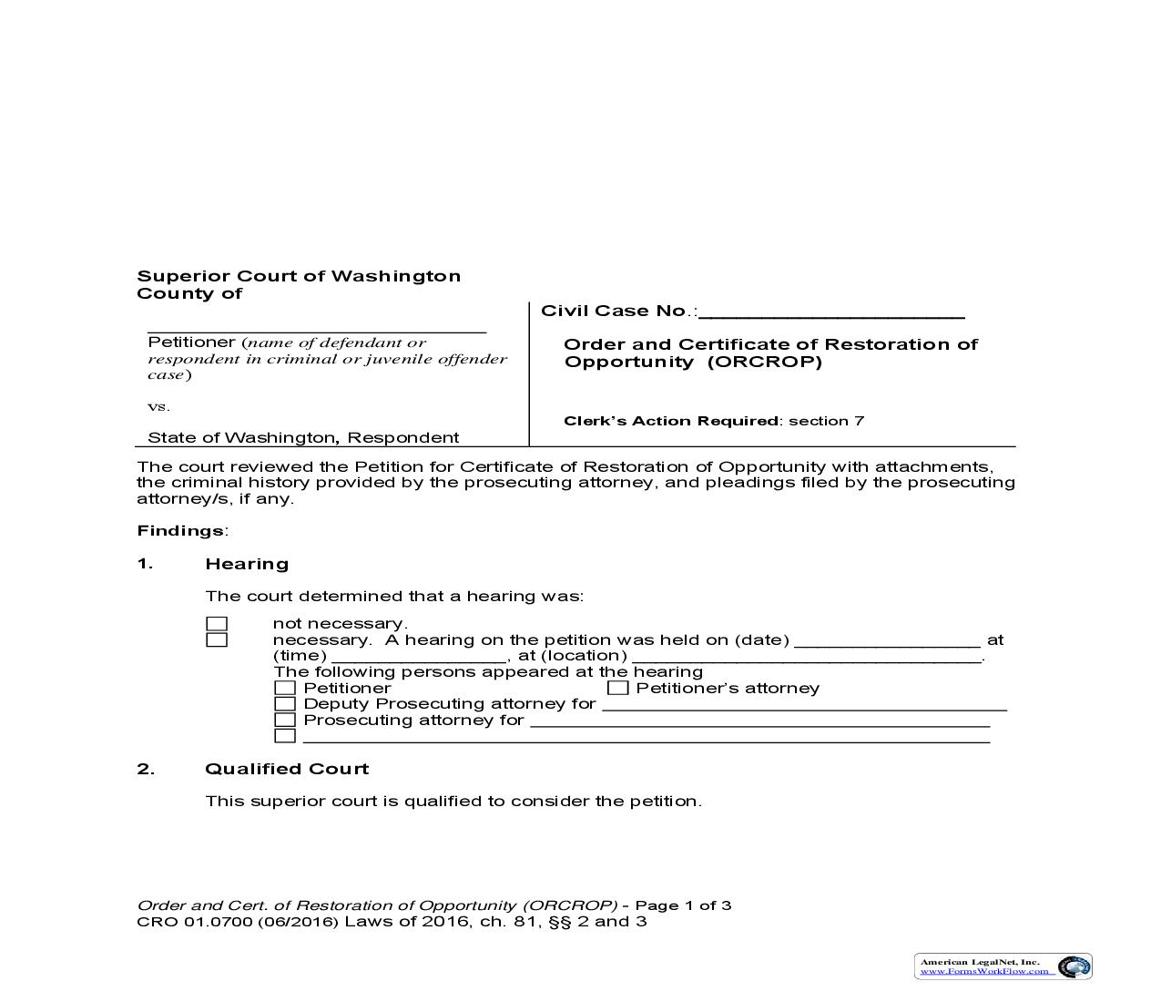 Order And Certificate Of Restoration Of Opportunity {CRO-01.0700} | Pdf Fpdf Doc Docx | Washington