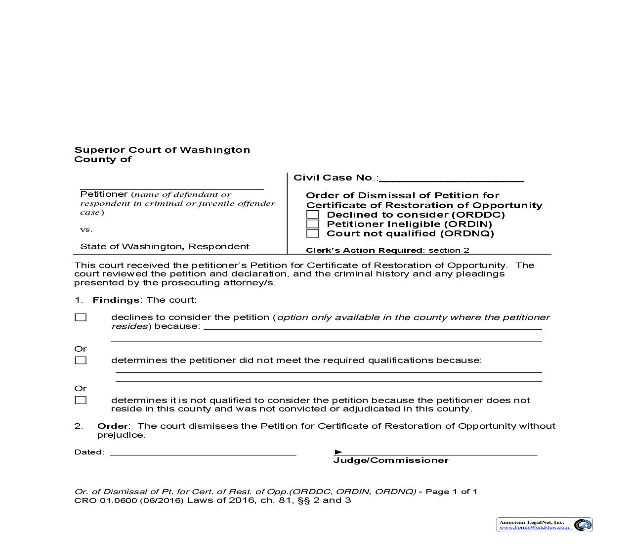 Order Of Dismissal {CRO 01.0600} | Pdf Fpdf Doc Docx | Washington
