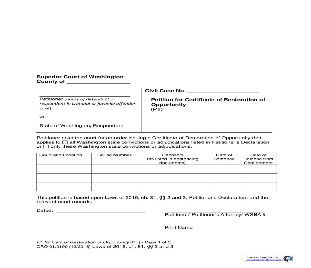 Petition For Certificate Of Restoration Of Opportunity {CRO 01.0100} | Pdf Fpdf Doc Docx | Washington