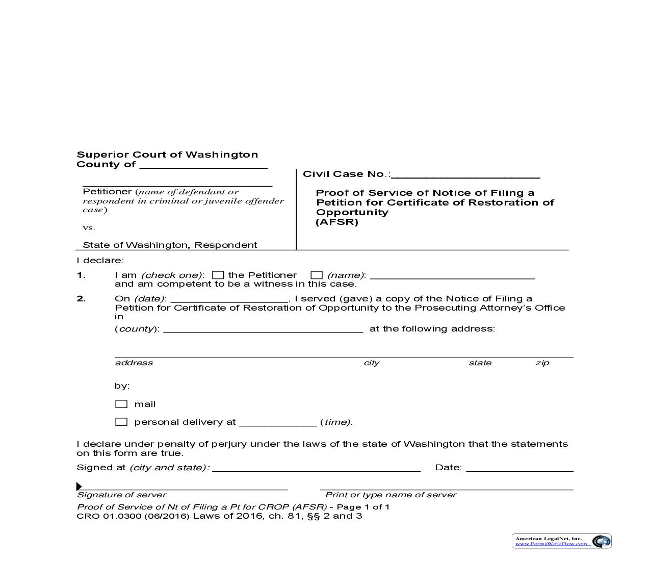 Proof Of Service {CRO 01.0300} | Pdf Fpdf Doc Docx | Washington