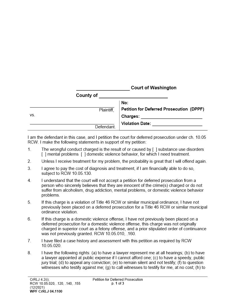 Petition For Deferred Prosecution {CrRLJ 04.1100} | Pdf Fpdf Doc Docx | Washington