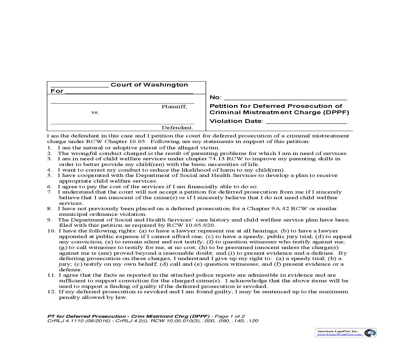 Petition For Deferred Prosecution Of Criminal Mistreatment Charge {CrRLJ-04.1110} | Pdf Fpdf Doc Docx | Washington