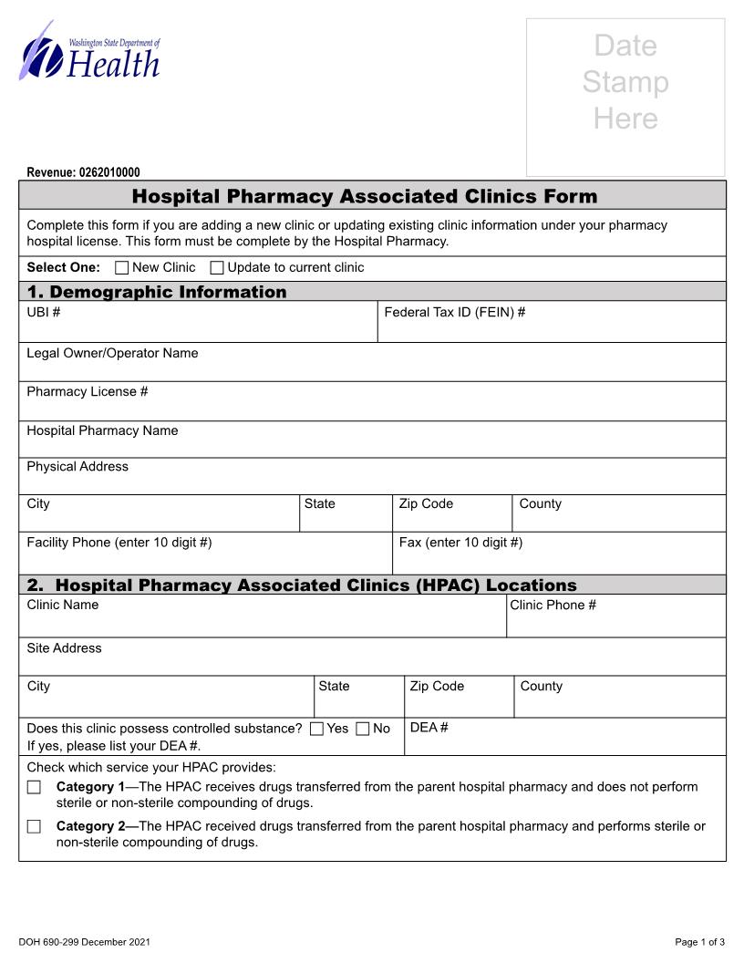 Hospital Pharamacy Associated Clinics Form | Pdf Fpdf Docx | Washington