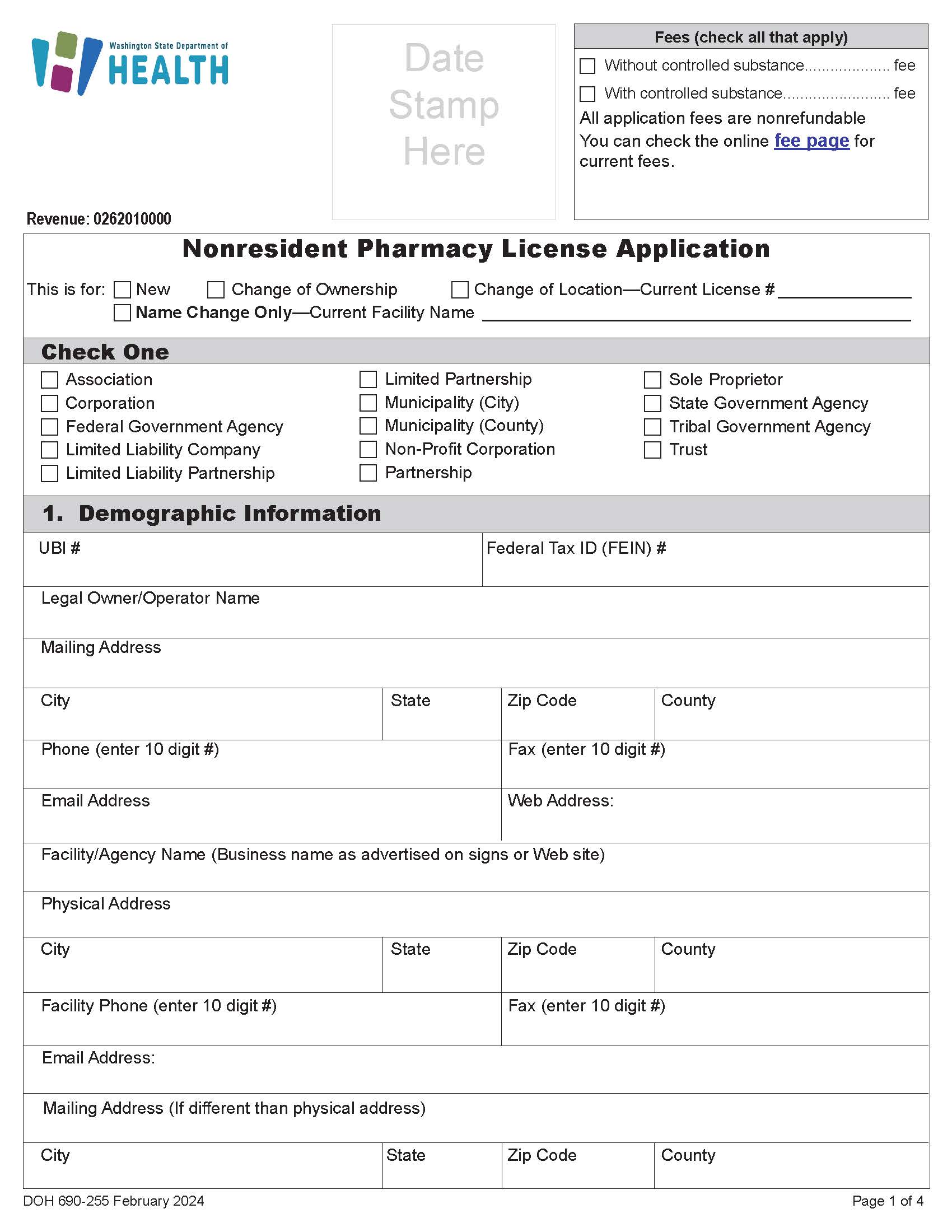 Nonresident Pharmacy License Application {DOH 690-255} | Pdf Fpdf Doc Docx | Washington