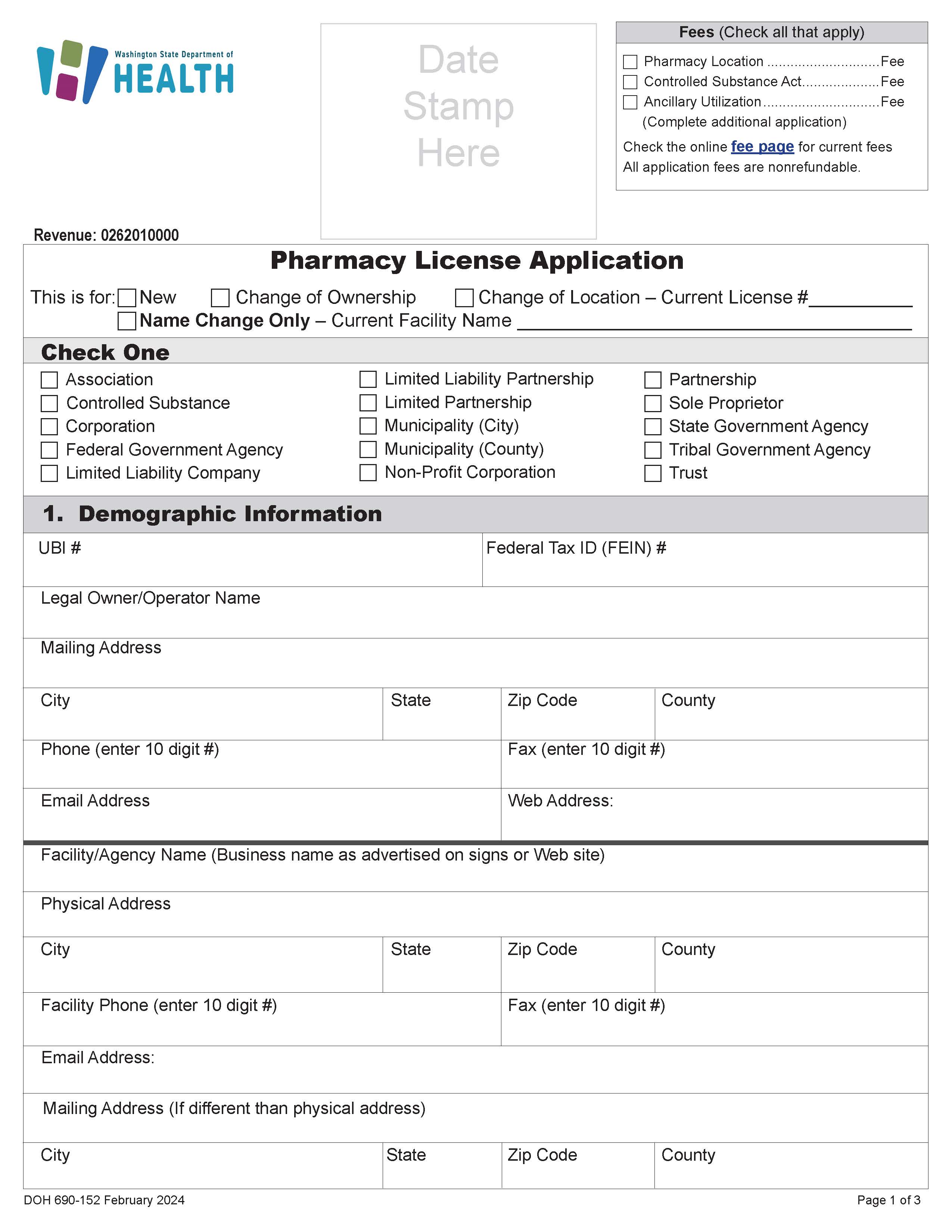 Pharmacy License Application {DOH 690-152} | Pdf Fpdf Doc Docx | Washington