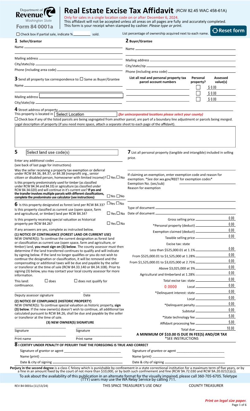 Real Estate Excise Tax Affidavit {REV 84 0001a} | Pdf Fpdf Docx | Washington