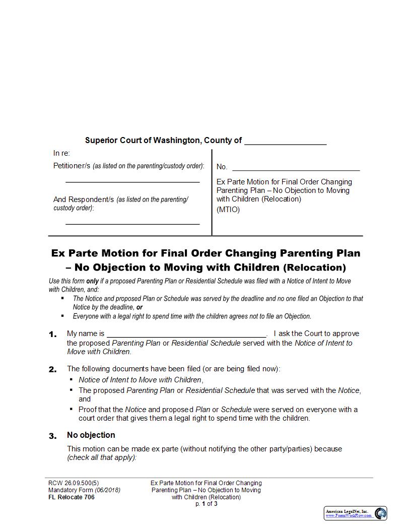 Ex Parte Motion For Final Order Changing Parenting Plan (Relocation) {706} | Pdf Fpdf Docx | Washington