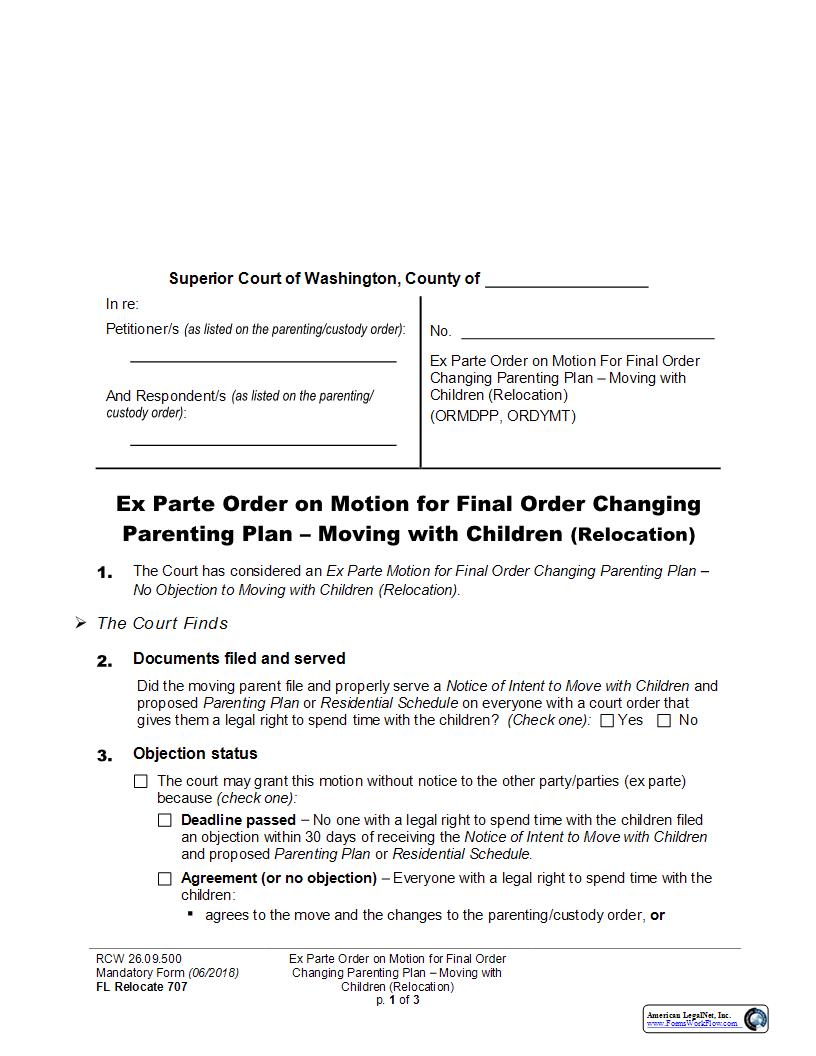 Ex Parte Order On Motion For Final Order Changing Parenting Plan {707} | Pdf Fpdf Docx | Washington