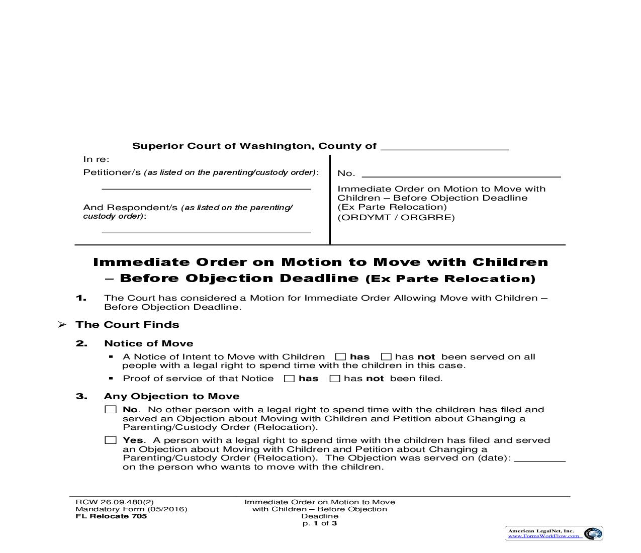 Immediate Order To Move With Children (Ex Parte Relocation) {705} | Pdf Fpdf Doc Docx | Washington