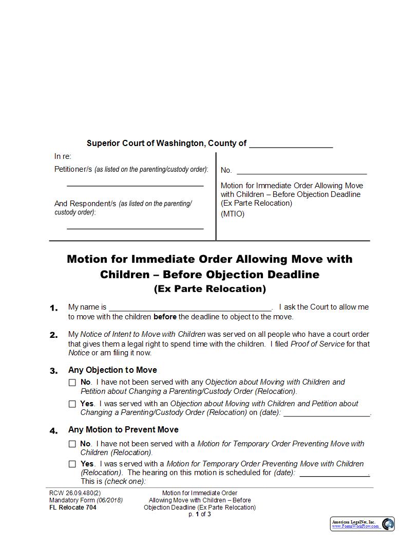 Motion For Immediate Order Allowing Move With Children (Ex Parte Relocation) {704} | Pdf Fpdf Docx | Washington