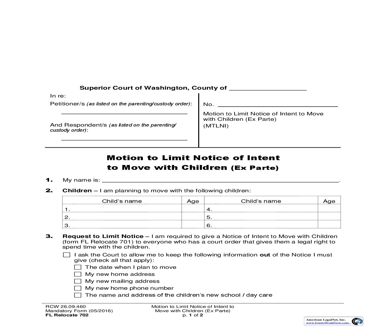 Motion To Limit Notice Of Intent To Move With Children (Ex Parte) {702} | Pdf Fpdf Doc Docx | Washington