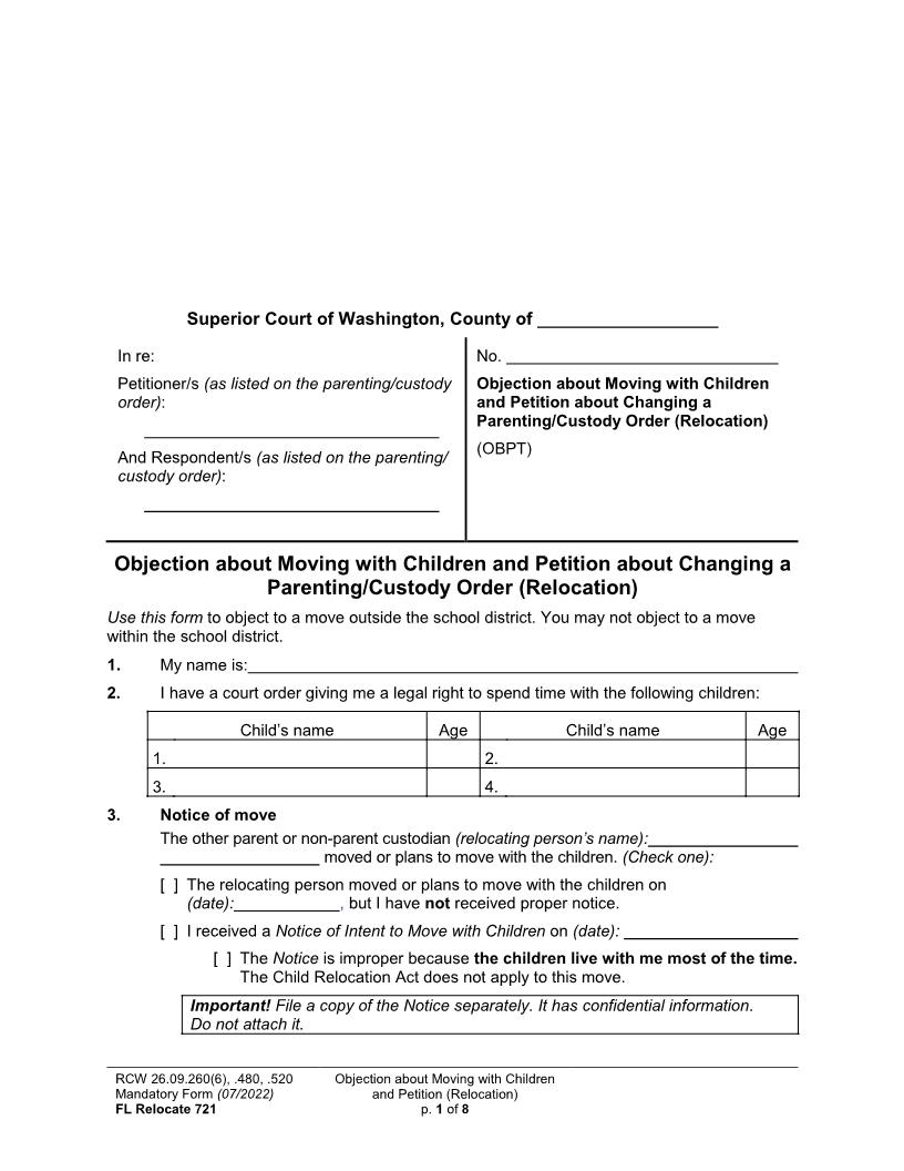 Objection About Moving With Children Relocation {721} | Pdf Fpdf Docx | Washington