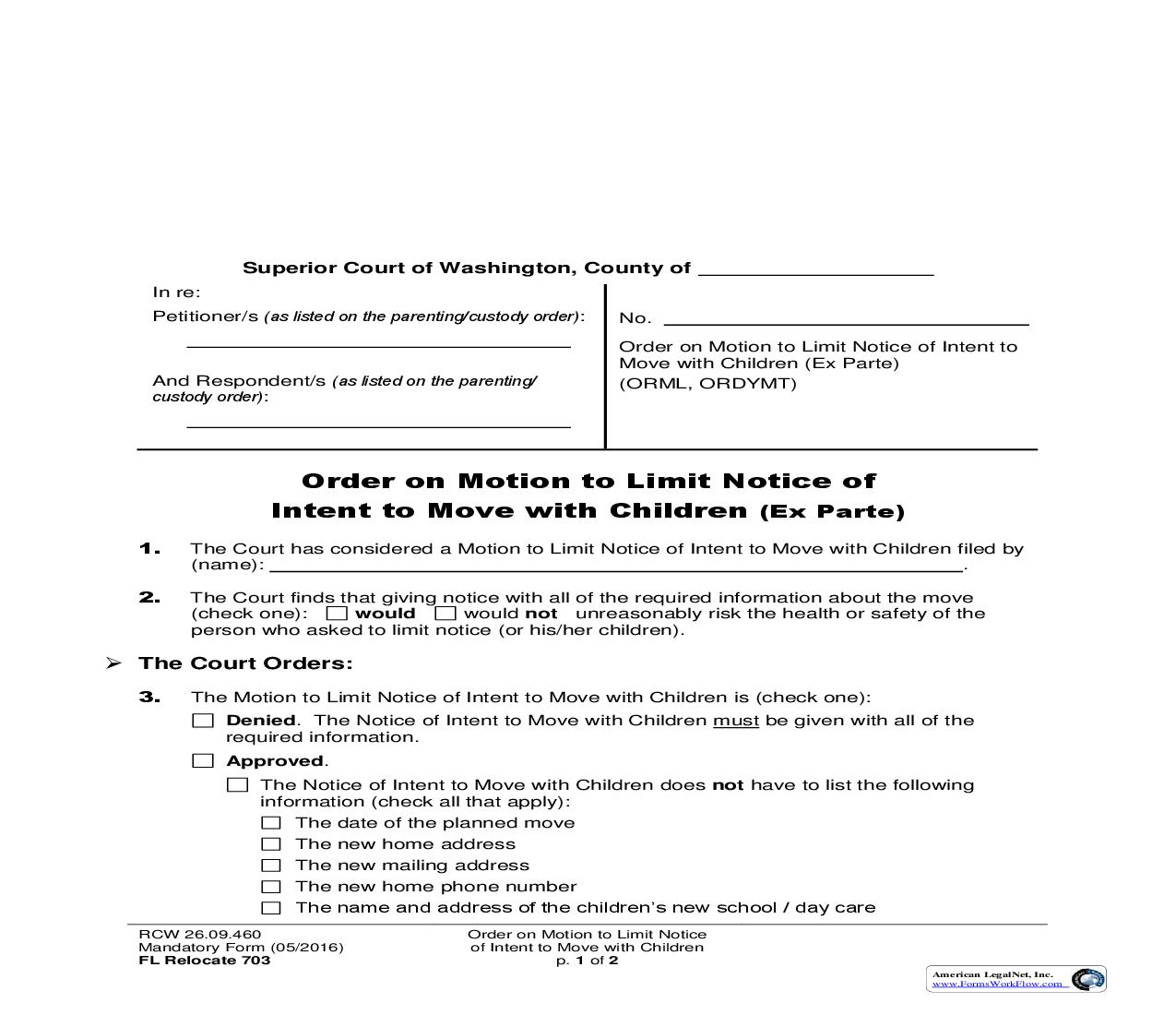 Order To Limit Notice Of Intent To Move WIth Children (Ex Parte) {703} | Pdf Fpdf Doc Docx | Washington