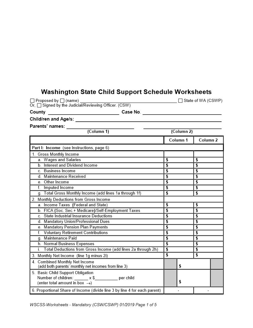 Child Support Schedule Worksheet | Pdf Fpdf Doc Docx | Washington