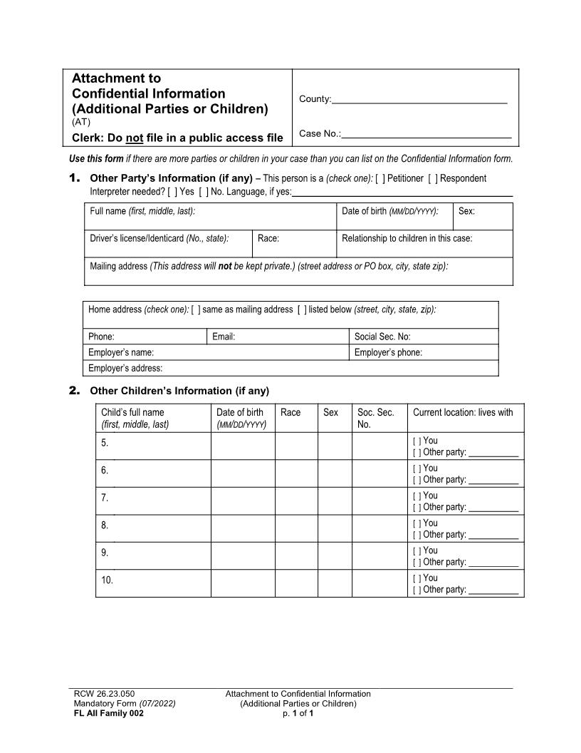 Attachment To Confidential Information Additional Parties Or Children {002} | Pdf Fpdf Doc Docx | Washington
