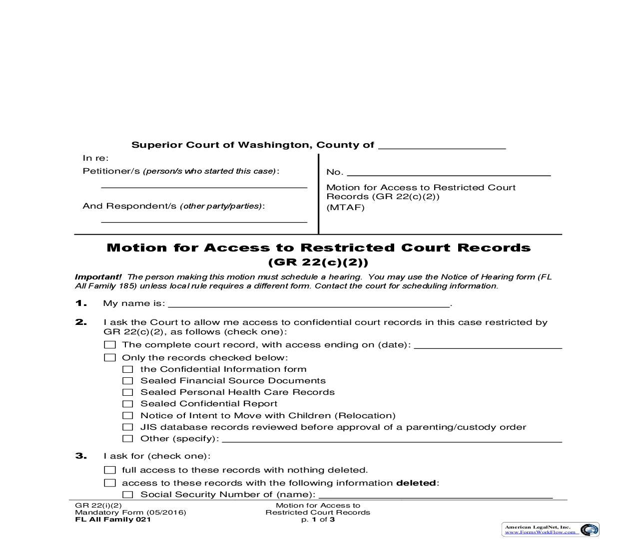 Motion For Access To Restricted Court Records {021} | Pdf Fpdf Doc Docx | Washington
