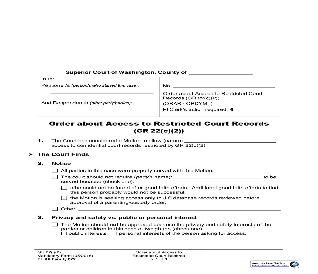 Order About Access To Restricted Court Records {022} | Pdf Fpdf Doc Docx | Washington