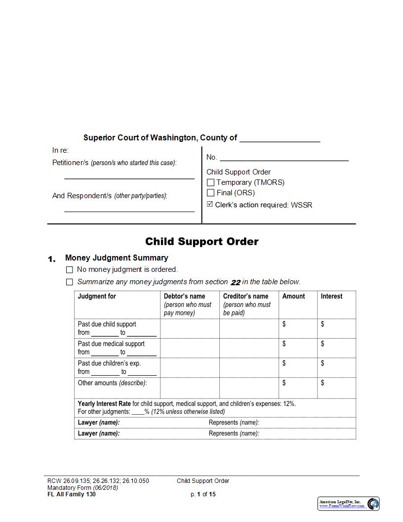 Child Support Order {130} | Pdf Fpdf Docx | Washington