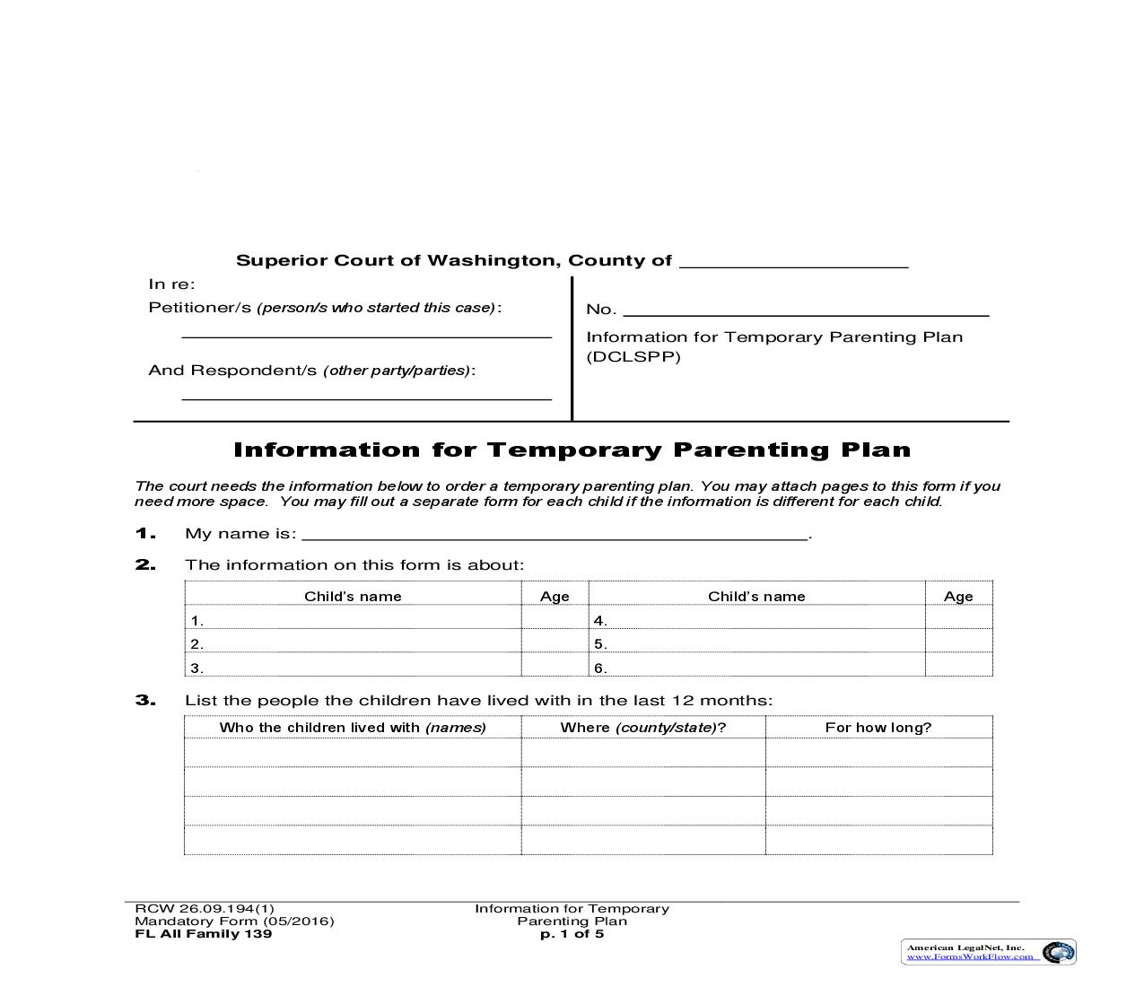 Information For Temporary Parenting Plan {139} | Pdf Fpdf Doc Docx | Washington