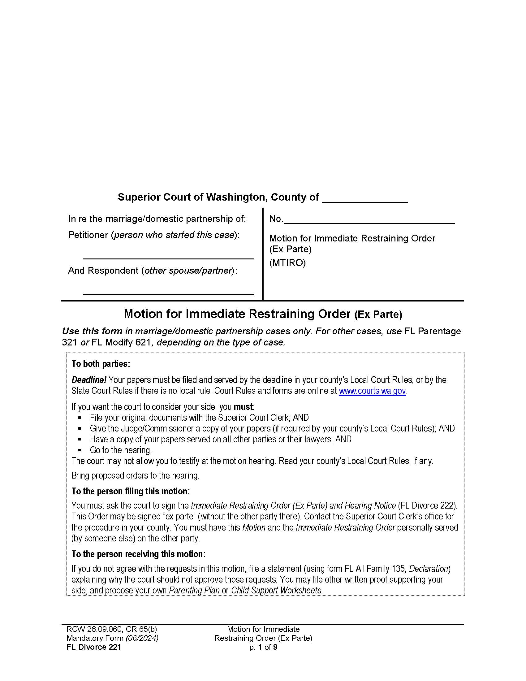 Motion For Immediate Restraining Order Ex Parte {221} | Pdf Fpdf Docx | Washington