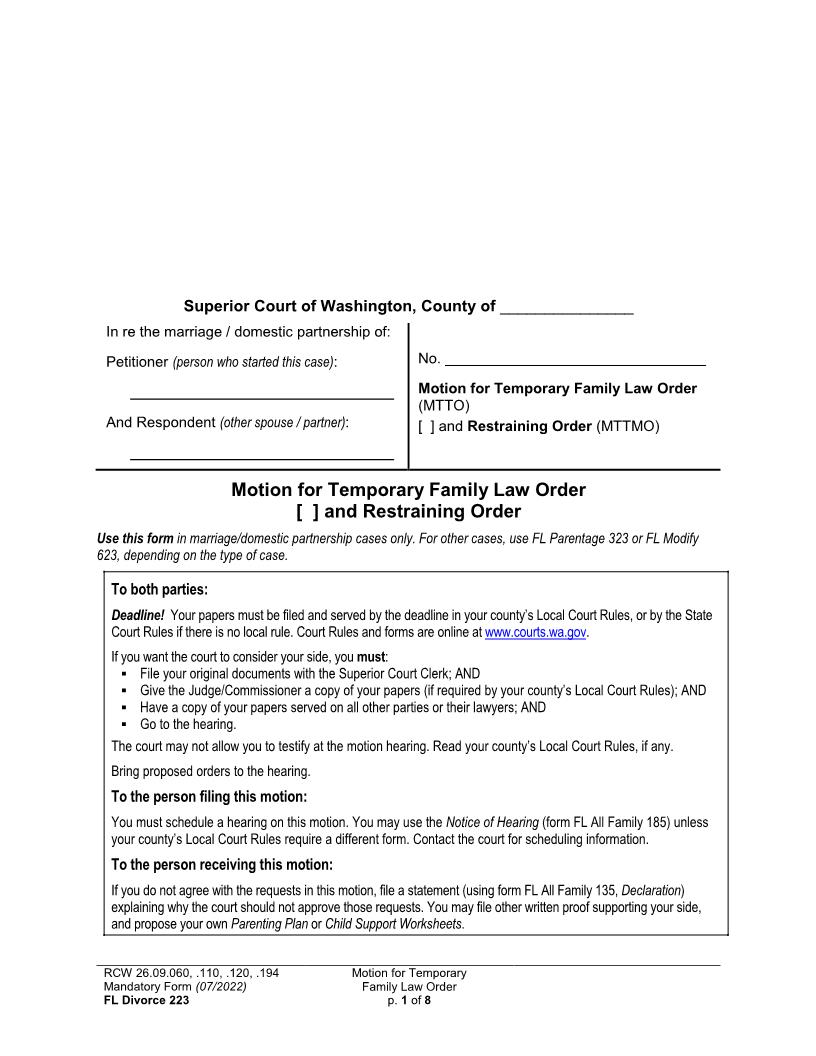 Motion For Temporary Family Law Order {223} | Pdf Fpdf Docx | Washington