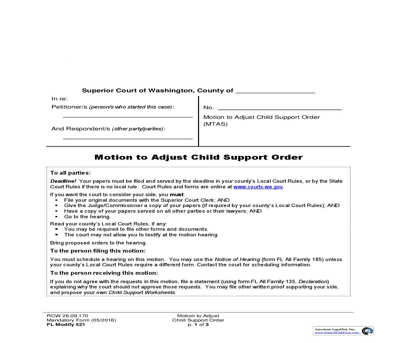 Motion To Adjust Child Support Order {521} | Pdf Fpdf Doc Docx | Washington