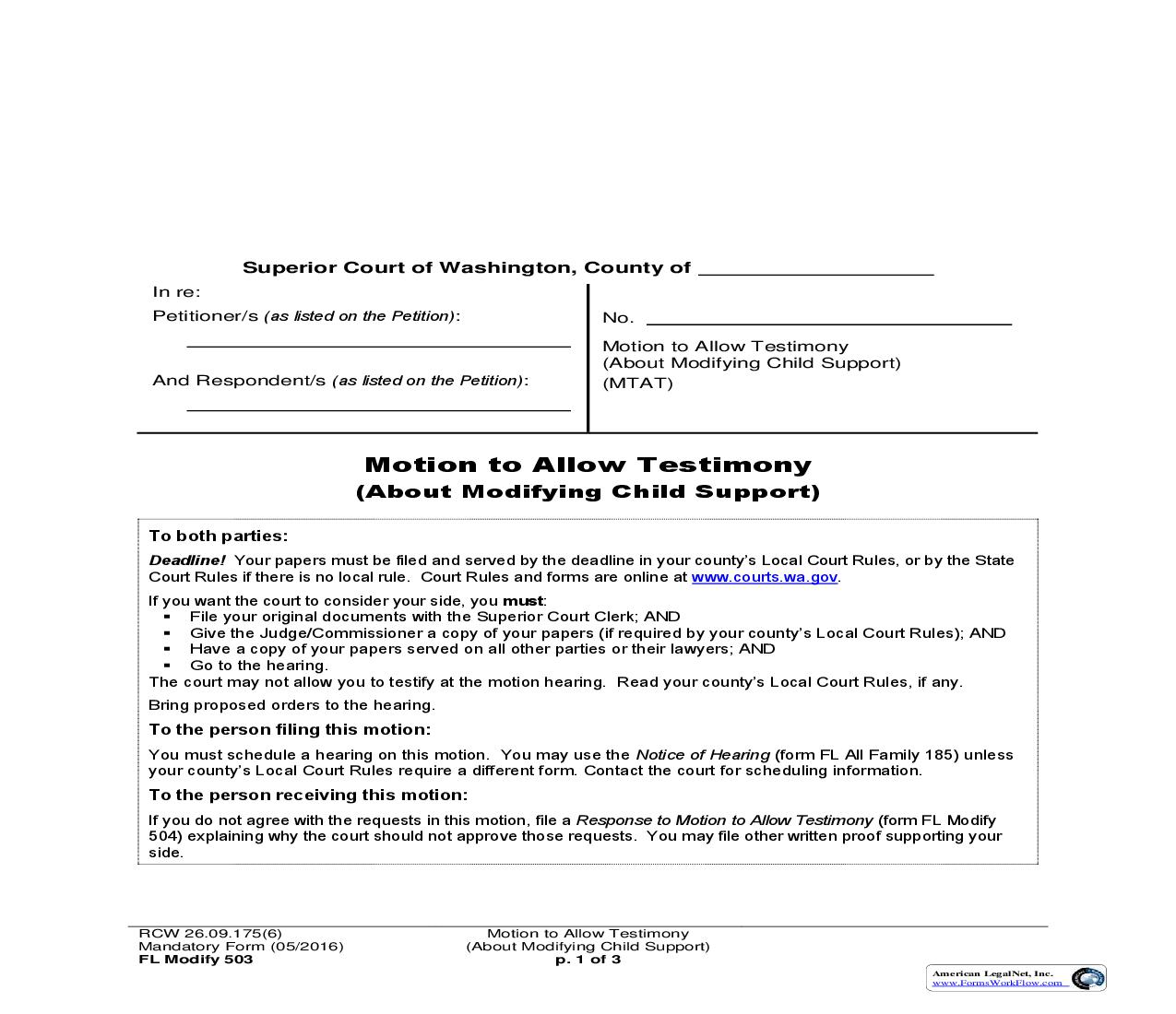 Motion To Allow Testimony (About Modifying Child Support) {503} | Pdf Fpdf Doc Docx | Washington