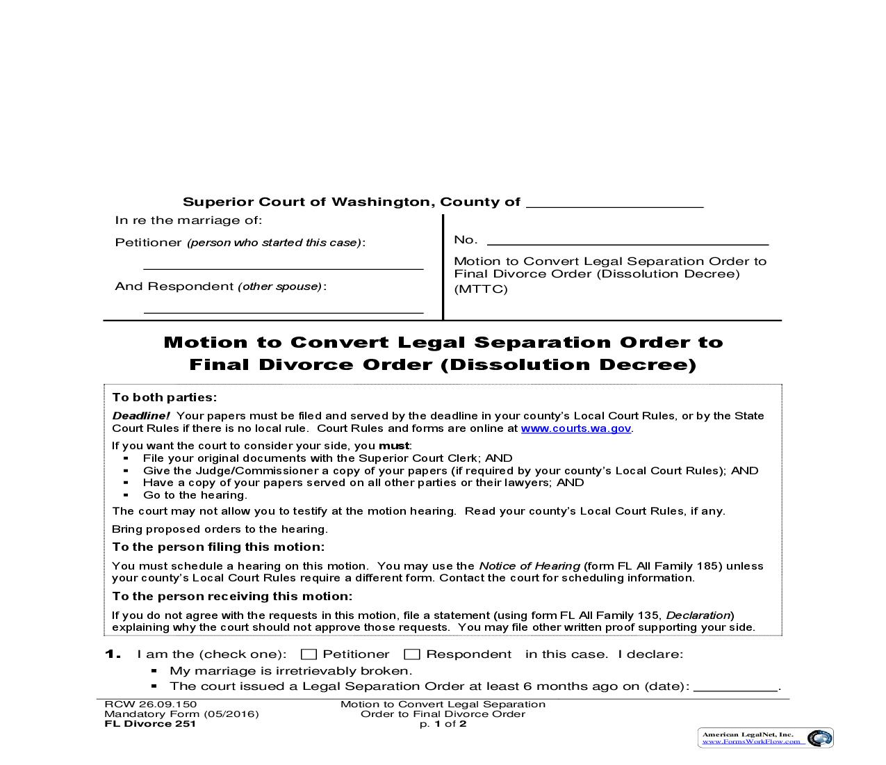 Motion To Convert Legal Separation Order To Final Divorce Order {251} | Pdf Fpdf Doc Docx | Washington