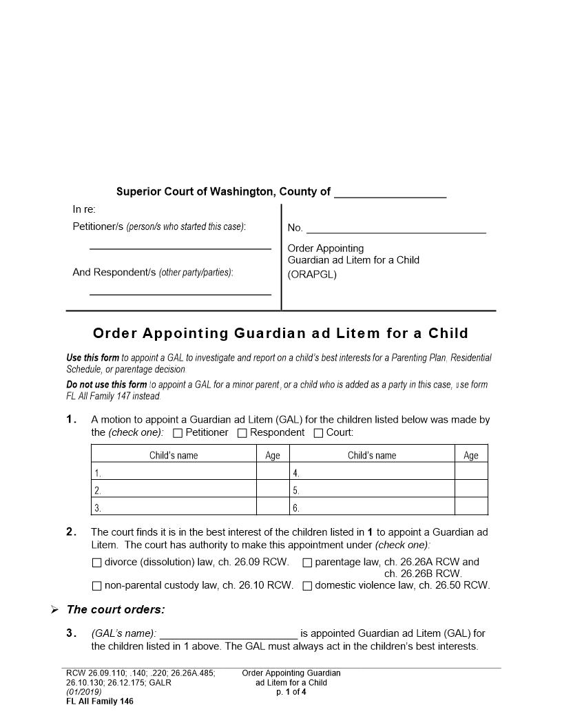 Order Appointing Guardian Ad Litem For A Child {146} | Pdf Fpdf Docx | Washington
