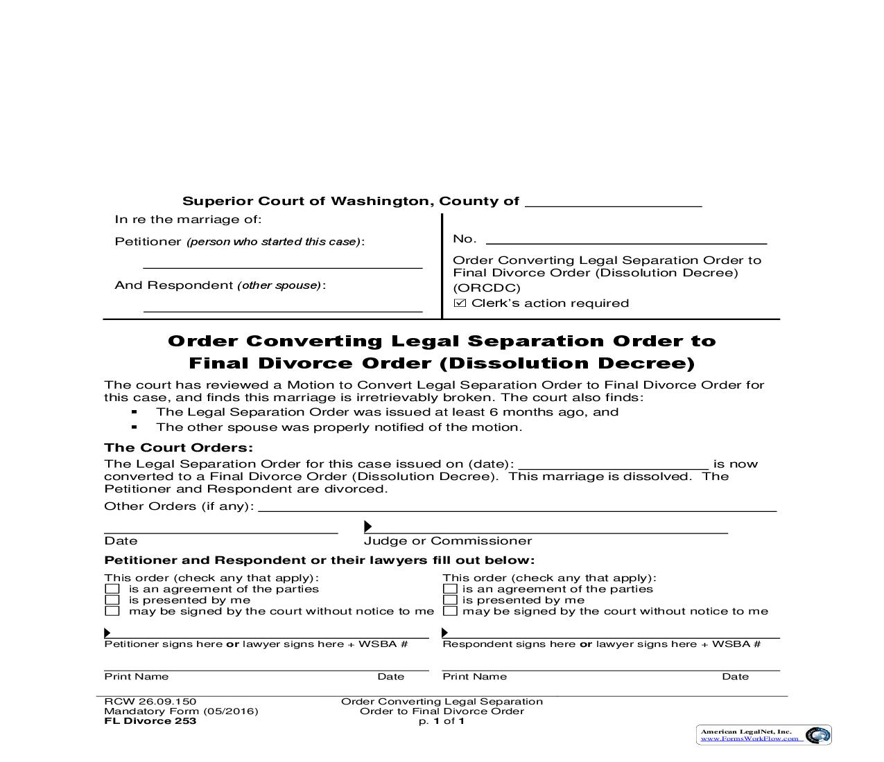 Order Converting Legal Separation Order To Final Divorce Order {253} | Pdf Fpdf Doc Docx | Washington
