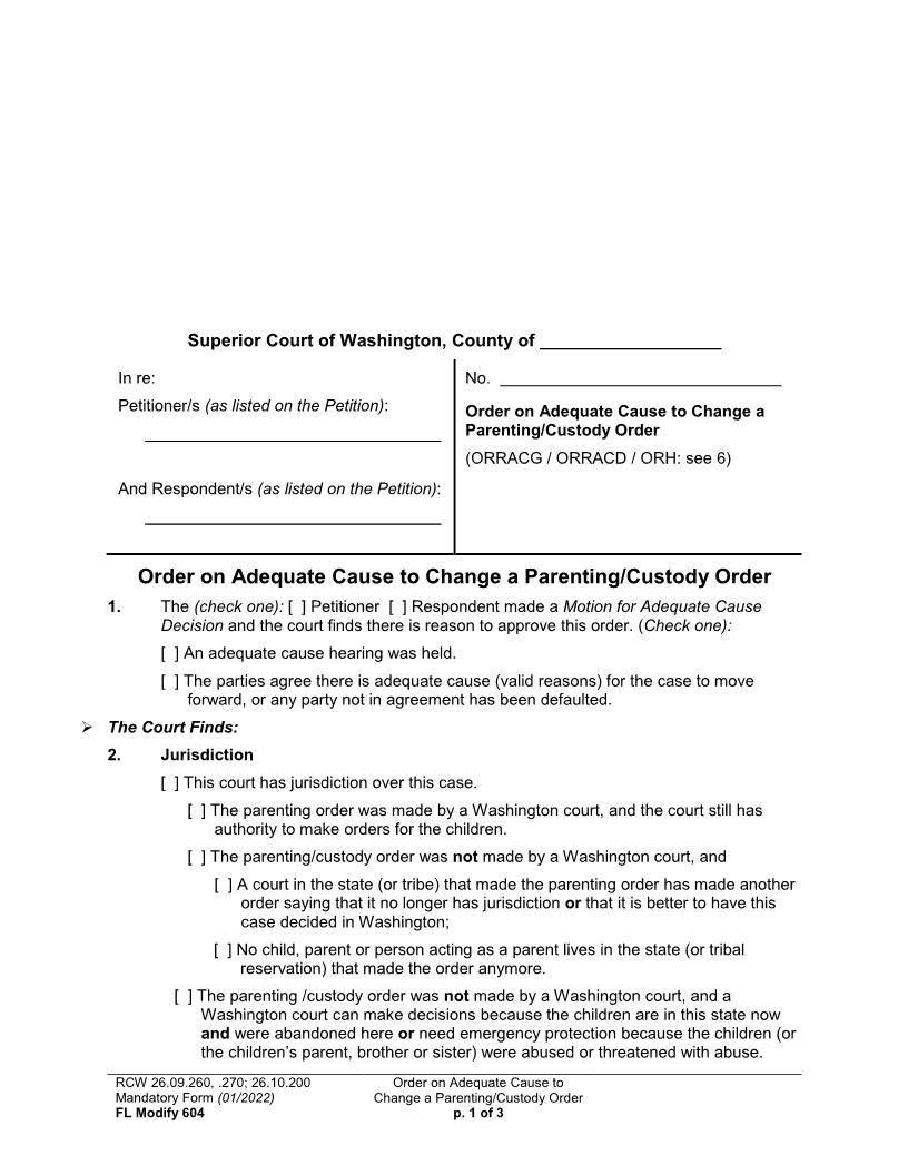 Order On Adequate Cause To Change A Parenting Or Custody Order {604} | Pdf Fpdf Docx | Washington