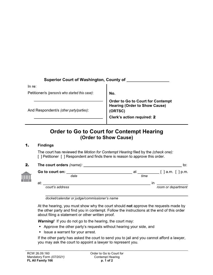 Order To Go To Court For Contempt Hearing {166} | Pdf Fpdf Doc Docx | Washington