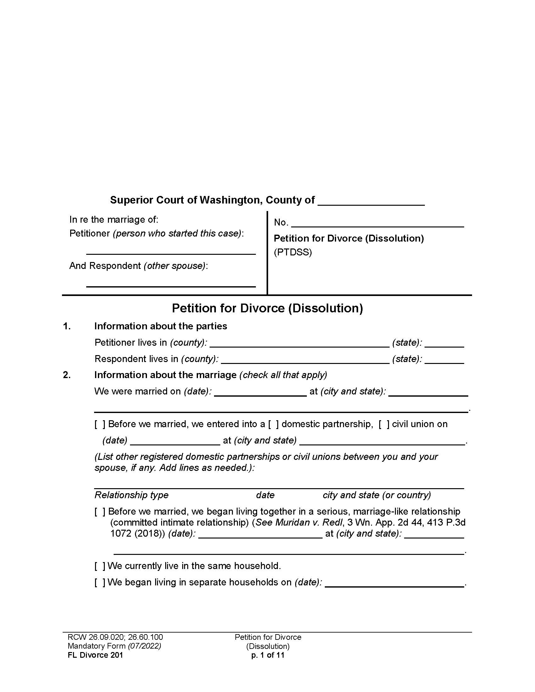 Petition For Divorce Dissolution {201} | Pdf Fpdf Docx | Washington