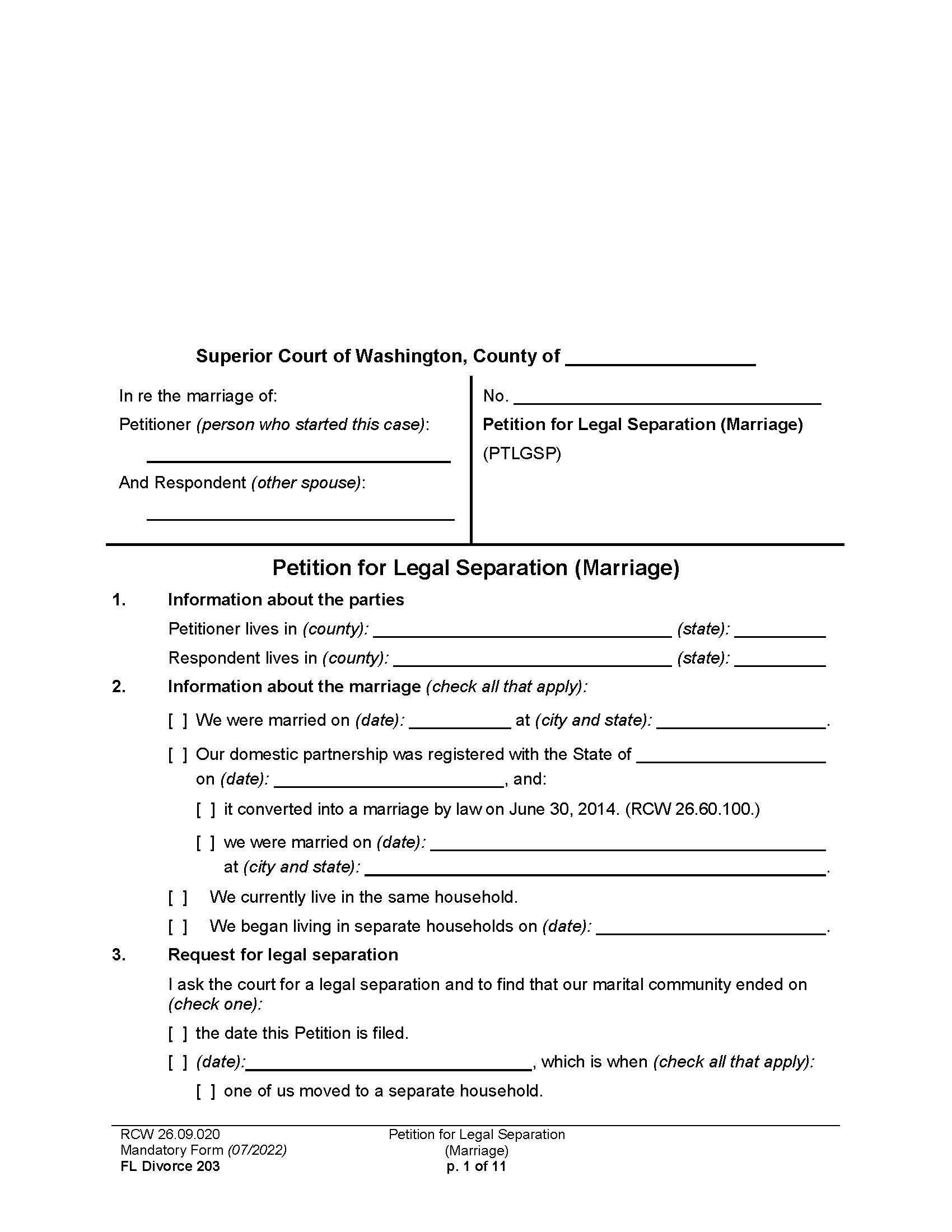 Petition For Legal Separation Marriage {203} | Pdf Fpdf Docx | Washington