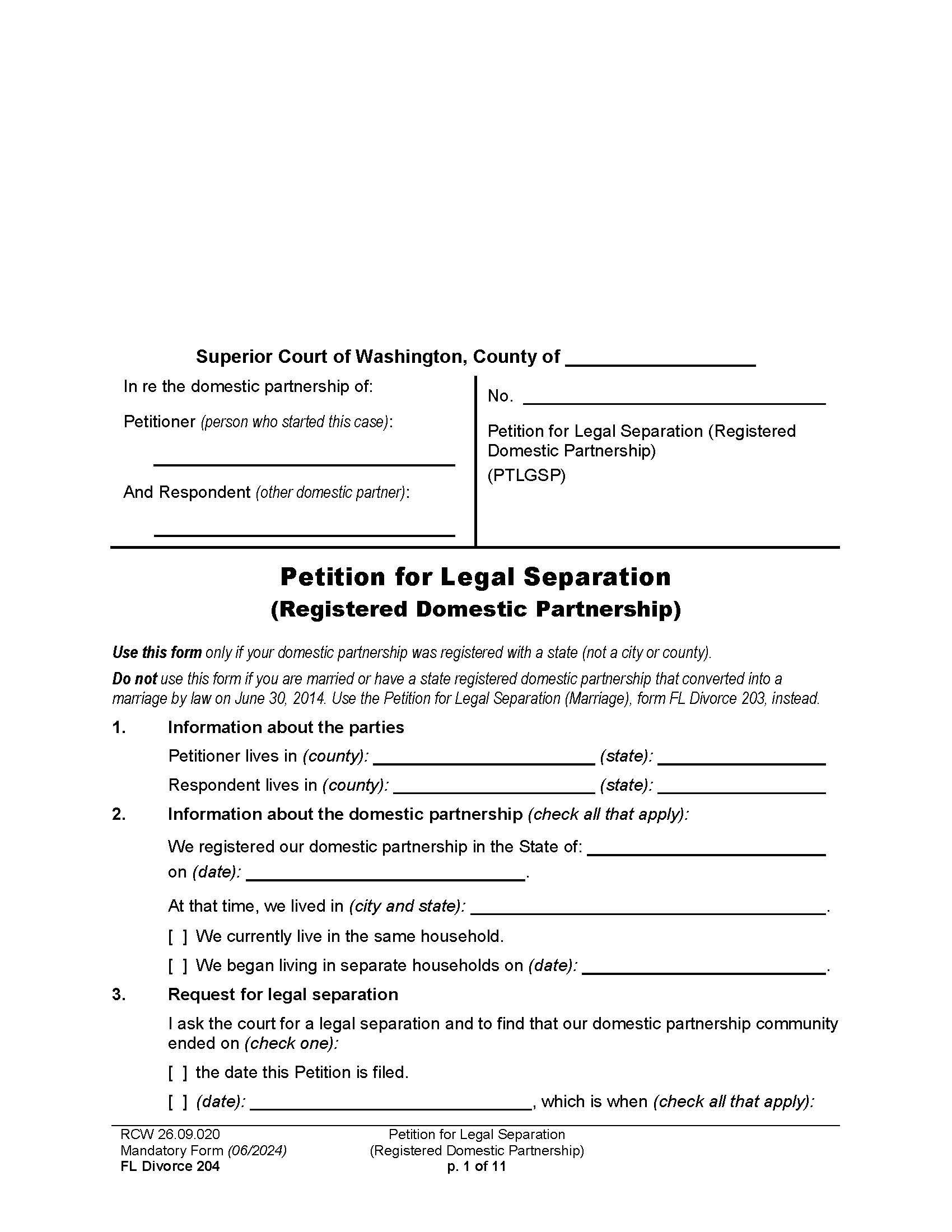 Petition For Legal Separation Registered Domestic Partnership {204} | Pdf Fpdf Docx | Washington