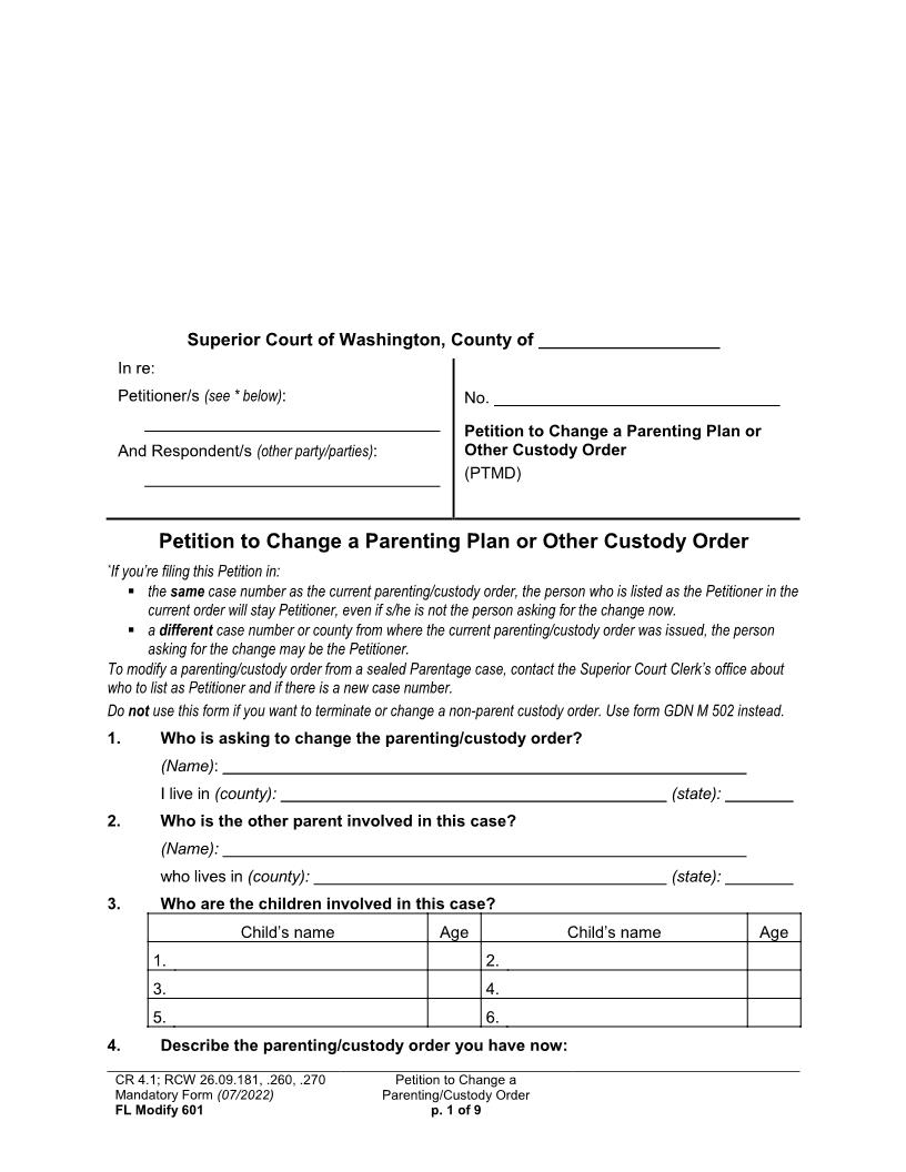 Petition To Change A Parenting Plan Residential Schedule Or Custody Order {601} | Pdf Fpdf Docx | Washington