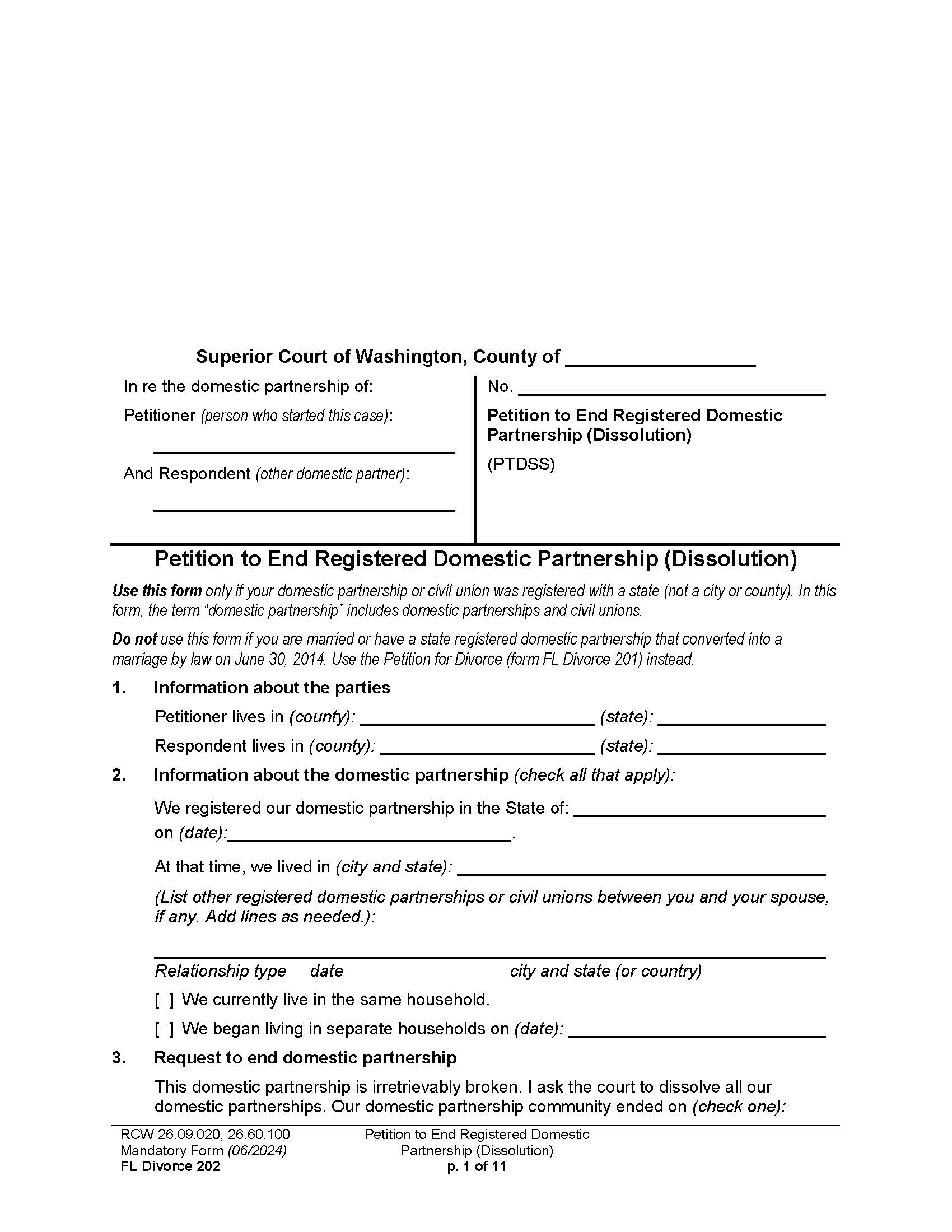 Petition To End Registered Domestic Partnership Dissolution {202} | Pdf Fpdf Docx | Washington