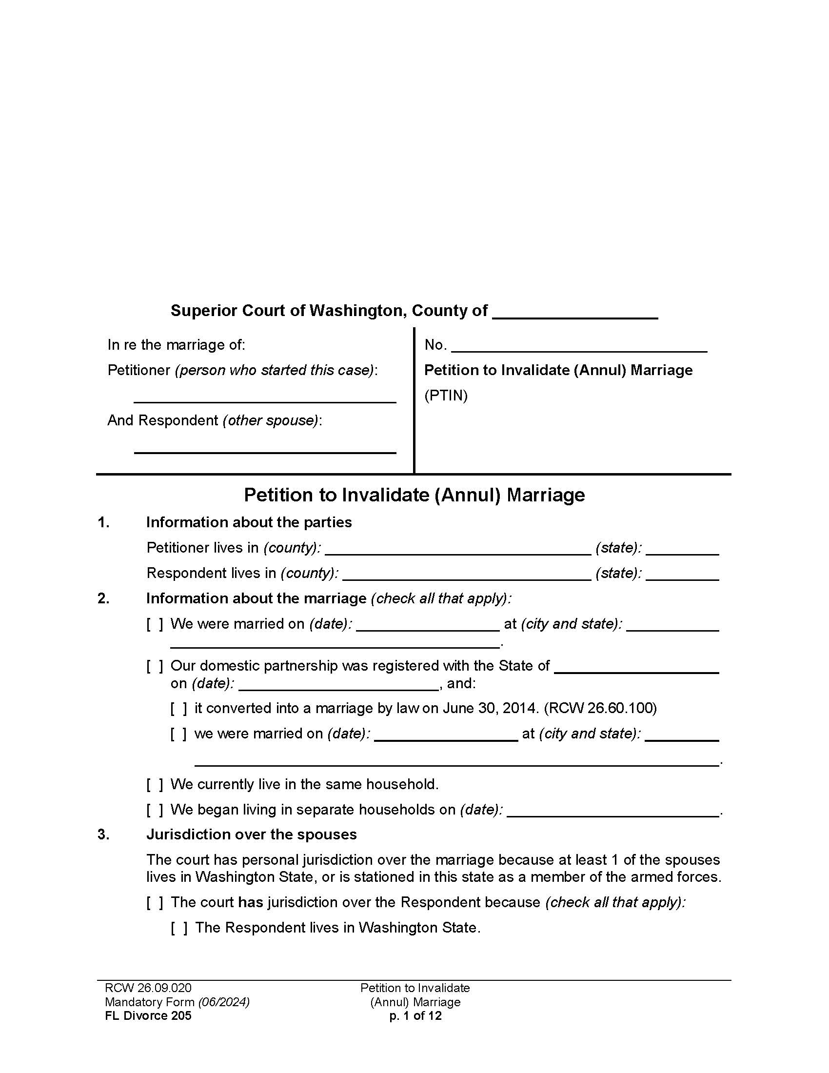 Petition To Invalidate Annul Marriage {205} | Pdf Fpdf Docx | Washington