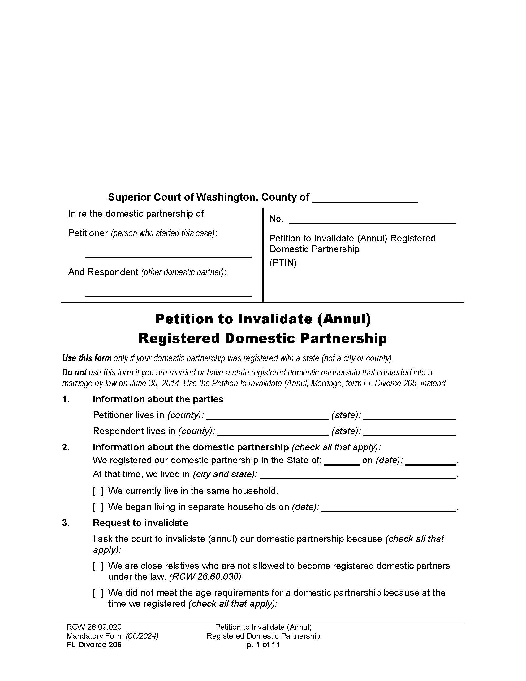 Petition To Invalidate Annul Registered Domestic Partnership {206} | Pdf Fpdf Docx | Washington